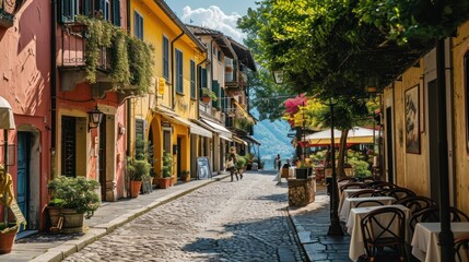 Fototapeta na wymiar Traditional Italian street with vibrant houses and a bustling outdoor caf