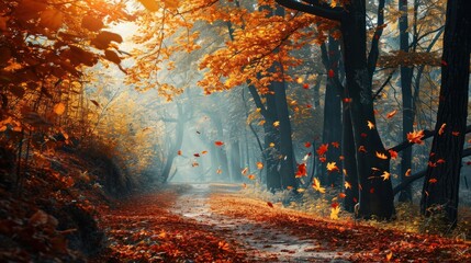 Vibrant autumn forest with a winding path and falling leaves