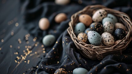 A basket filled with small speckled eggs on top of a black tablecloth covered tablecloth with gold flecks on it and a black background