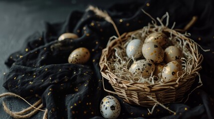 Obraz premium A basket filled with small speckled eggs on top of a black tablecloth covered tablecloth with gold flecks on it and a black background