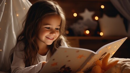 Smiling little girl reading bedtime story