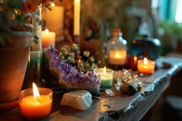 Crystals altar idea. Creating sacred meditaion space with good vibes for home - obrazy, fototapety, plakaty
