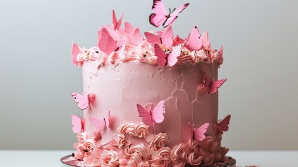 A pink cake with butterflies on it and pink icing