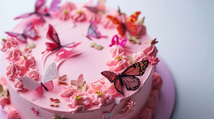 Obraz na płótnie Canvas A pink cake with butterflies on it and pink icing