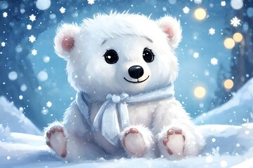 snowing winter, super cute baby pixar style white fairy bear, shiny snow-white fluffy, big bright eyes, wearing a woolly