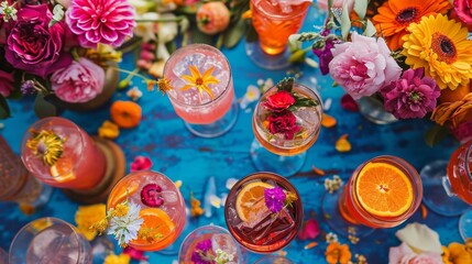 Fototapeta premium A table topped with glasses filled with different types of drinks and flowers on top of a blue table covered in oranges, pinks, purples and yellows