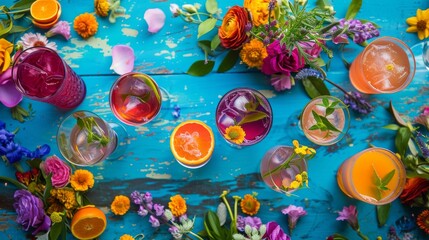 A table topped with glasses filled with different types of drinks and flowers on top of a blue table covered in oranges, pinks, purples and yellows