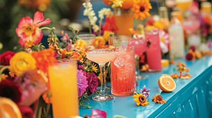 Fototapeta na wymiar A table topped with glasses filled with different types of drinks and flowers on top of a blue table covered in oranges, pinks, purples and yellows