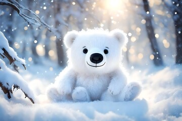 snowing winter, super cute baby pixar style white fairy bear, shiny snow-white fluffy, big bright eyes, wearing a woolly - obrazy, fototapety, plakaty
