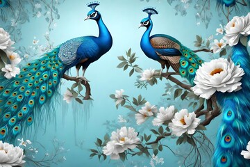 3d mural background blue peacock on branch wallpaper . with flowers - - obrazy, fototapety, plakaty