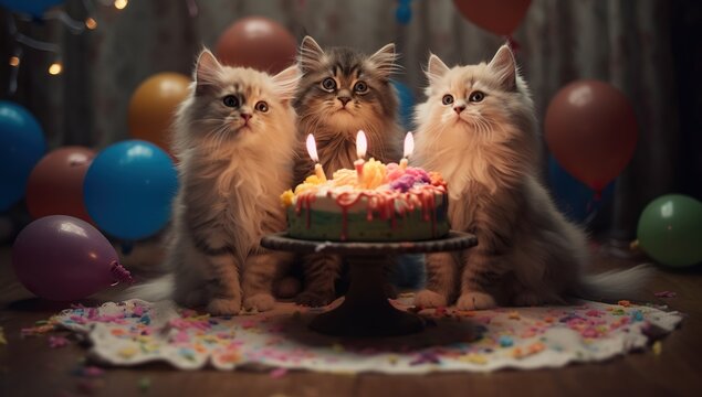 Kittens at their birthday cake, concept of Celebration