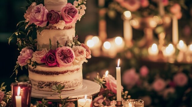 A three tiered cake with pink flowers on top of a table with candles and flowers on the side of the cake and on the other side of the cake