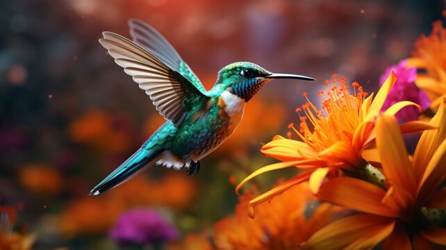 A beautiful bird flying in style over the flower garden Generative IA Art
