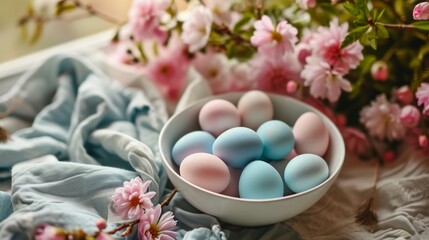Naklejka na ściany i meble A white bowl filled with blue and pink eggs sitting on top of a table next to a bunch of flowers