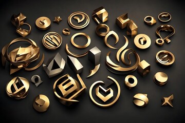 Three-dimensional logos, solid backgrounds professional looking logos, very shiny, classy, looking images