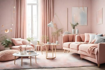 The latest fashion home trends in an ultra modern elegant interior of a cozy studio in soft pastel colors. close-ups of a stylish