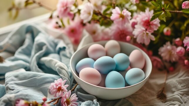 A white bowl filled with blue and pink eggs sitting on top of a table next to a bunch of flowers