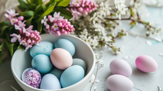 A white bowl filled with blue and pink eggs sitting on top of a table next to a bunch of flowers