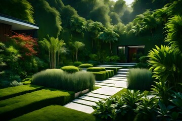 Landscaping in green home garden. Landscape design with plants and flowers at residential houseLandscaping in green home garden. Landscape design with plants and flowers at residential house 