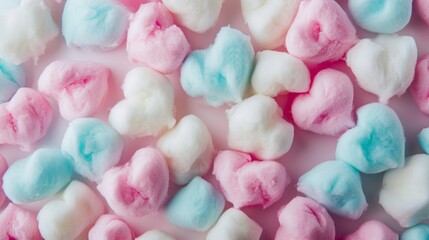 Colorful heart shape cotton candy, pastel color background. Close up of cute cotton candy...