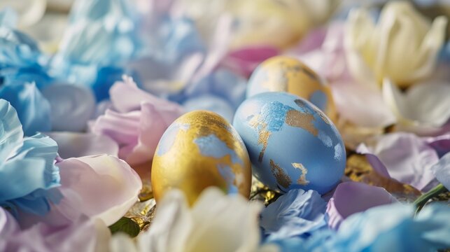 Colored Easter eggs on a background of flower petals, spring composition. Soft yellow- gold blue and white colors, pink and blue petals