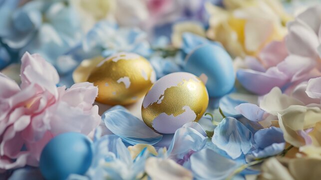 Colored Easter eggs on a background of flower petals, spring composition. Soft yellow- gold blue and white colors, pink and blue petals
