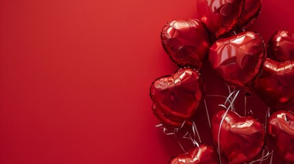 Fototapeta na wymiar Heart shaped balloons on red background, flat lay with space for text. Saint Valentine's day celebration