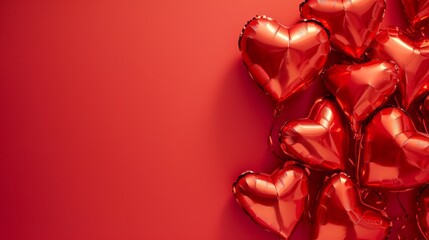 Heart shaped balloons on red background, flat lay with space for text. Saint Valentine's day celebration