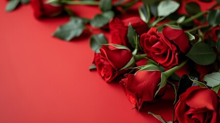 Red roses flower on red background. Copy space. Flower frame. Top view. High quality photo