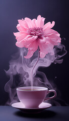 Fototapeta na wymiar Cup of coffee with pink flower nade of smoke.