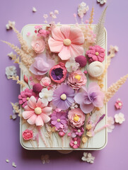 Frame with different flowers in pastel colors.