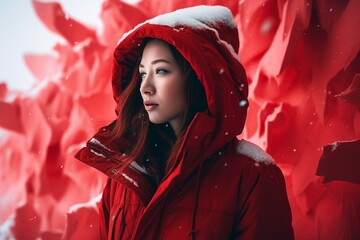 Red background covered in snow. Generative AI