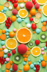Pattern of fruit jelly candies ans different fruits. Grapefruit, orange, kiwi, strawberry, grape.