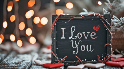 A chalkboard sign with "I Love You" written in elegant calligraphy, surrounded by heart doodles, sign, blurred background, with copy space