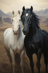 Black and white horses in mountains. Natural concept.
