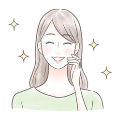 口に手を当てて歯を見せて笑っている女性