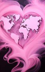 Pink heart with pink map of world on black background. Love, Valentine's day.