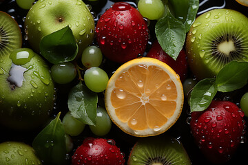 Układanka Smaków. Na tym zdjęciu owoce układają się jak układanka. Kolorowe puzzle z owoców tworzą apetyczne tło pełne różnorodności smaków. - obrazy, fototapety, plakaty