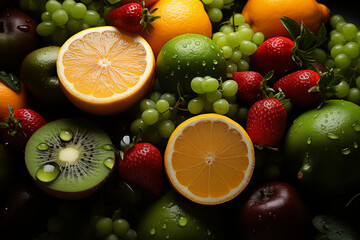 Układanka Smaków. Na tym zdjęciu owoce układają się jak układanka. Kolorowe puzzle z owoców tworzą apetyczne tło pełne różnorodności smaków. - obrazy, fototapety, plakaty
