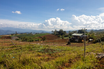Rural landscape with a small house amidst cultivated fields and hills under a blue sky with clouds
