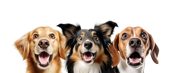 Portrait of Three Surprised Dogs (Golden Retriver, Collie, Beagle). Isolated on White and PNG Transparent Background.