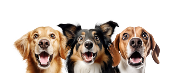 Portrait of Three Surprised Dogs (Golden Retriver, Collie, Beagle). Isolated on White and PNG Transparent Background.