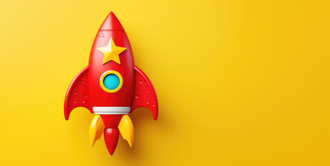 Red Rocket Toy on Yellow Background with Copy Space - obrazy, fototapety, plakaty