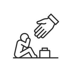 Helping hand in a crisis situation, linear icon. Person with a briefcase is sitting and crying, a helping hand is reaching out to him. Support, business partnership. Line with editable stroke