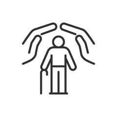 Protection and support for the older generation, linear icon. Safety and security. Hands protect the elderly person. Line with editable stroke