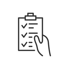 Hand holding the checklist with the checkmarks, linear icon. Line with editable stroke