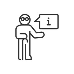 An old man with a cane and a speech bubble, linear icon. Information, advice. Ask a question. Line with editable stroke