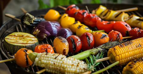 BBQ Grilled vegetables on Skewers with Fresh Herbs and Spices. Summer Barbecue Food. grilled vegetables on grate outside
