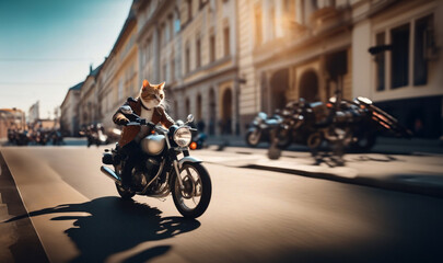 cat biker rides a motorcycle in a sunny city, cat motorcyclist