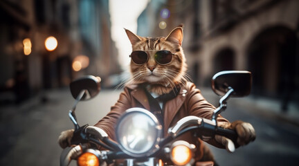 cat biker rides a motorcycle in a sunny city, cat motorcyclist - obrazy, fototapety, plakaty